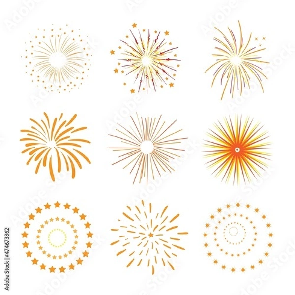 Fototapeta Flashes of festive fireworks set on a white background. Vector illustration.