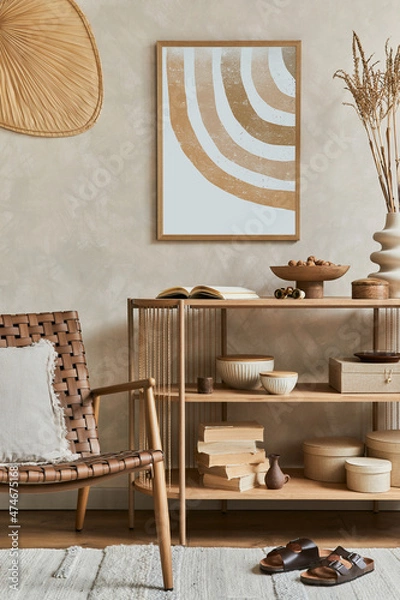 Obraz Creative composition of living room interior design with console, armchair, mock up poster frame, vase and elegant personal accessories. Copy space. Template.