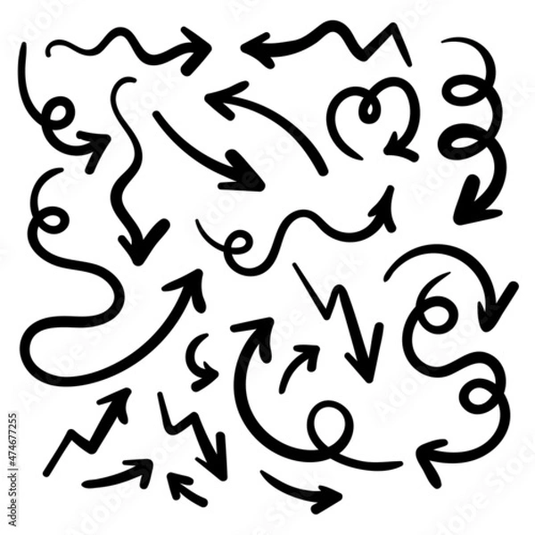 Obraz Doodle icon arrows set. Wavy loop lines. Black color. Vector illustration, flat design
