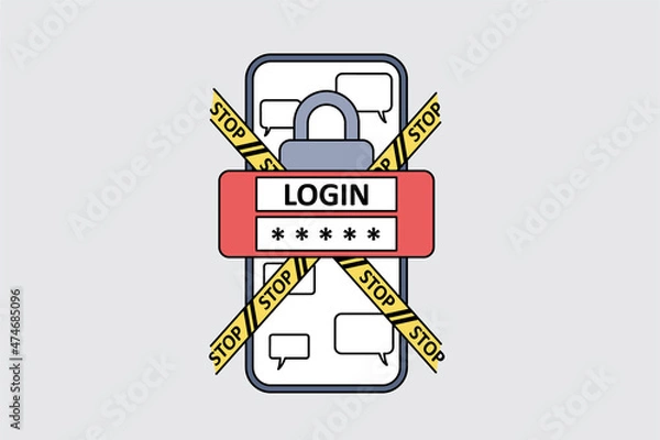 Fototapeta Personal identification and safety concept. Smartphone screen with login password and stop signs crossing it with lock and chat messages in application vector illustration 