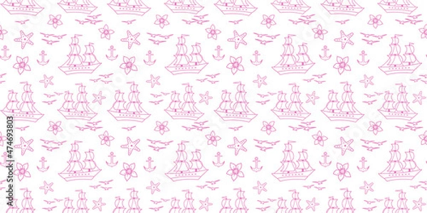 Fototapeta Seamless pattern with sailship, anchor, and flowers. Cute Marine pattern for fabric, baby clothes, background, textile, wrapping paper, and other decoration. Vector illustration. pink pastel colors.