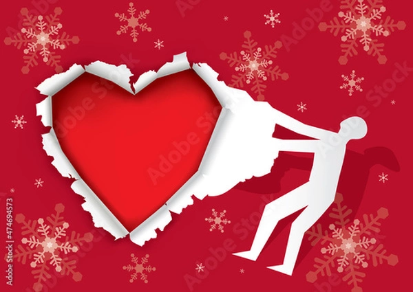 Obraz Christmas greeting card,heart shape.
Illustration of male silhouette tearing red paper with snowflakes and red heart. Vector available.