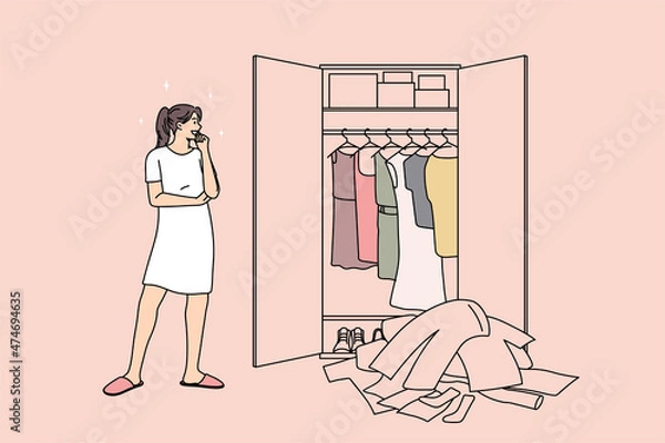 Fototapeta Huge wardrobe and problem of choice concept. Young smiling girl standing looking at wardrobe with many colorful clothes and trying to choose something to wear vector illustration 