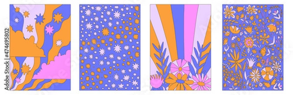 Fototapeta vintage vector interior posters in hippie style.70s and 60s funky and groove postcards.Psychedelic patterns with curves, stars, flowers, shapes.Abstract shapes for wallpaper and back.Low contrast