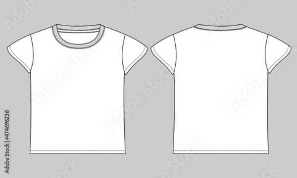 Fototapeta Short sleeve T-shirt Technical sketch fashion template for Women's and Girls. Vector art illustration Clothing mock up front, back view. Easy Edit customizable
