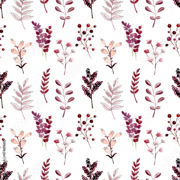 Obraz Watercolor seamless plants pattern, illustraition for print, fabric design, wallpaper, wrapping paper, background