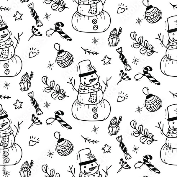 Obraz Pattern with Christmas elements in doodle style for fabric, Cute snowman. Wallpaper for wrapping a gift for the new year.