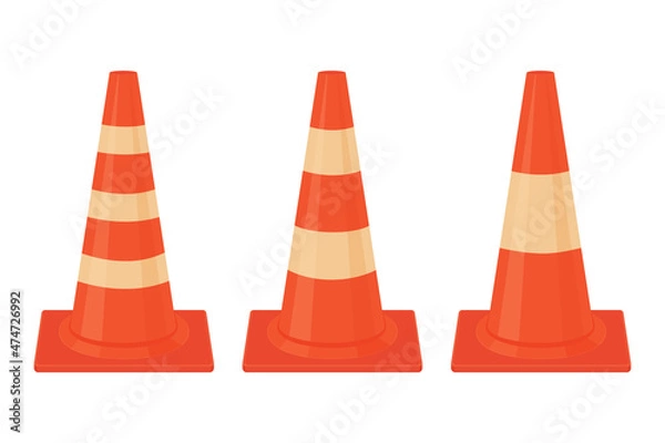 Fototapeta A set of three orange traffic cones. Traffic cones for road marking and to ensure the safety of workers. Vector illustration isolated on a white background
