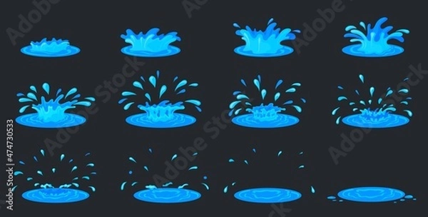 Fototapeta Water ripple animation. Cartoon splash fx effect 2d game, sprite sheet frames liquid drop, storyboard motion effect rain drops, flash sea set, neat vector illustration
