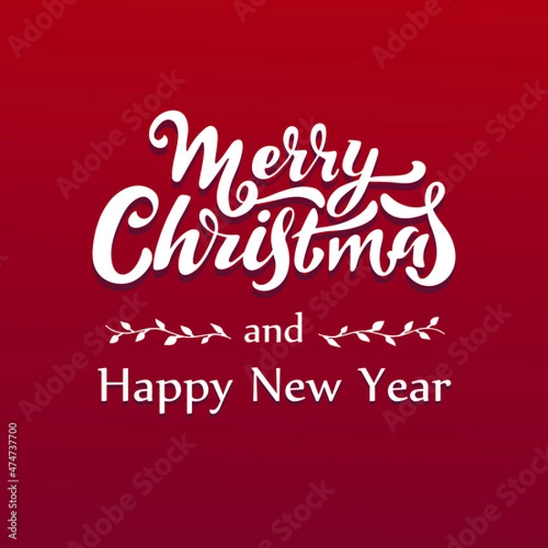 Obraz Merry Christmas and Happy New Year, vector hand lettering. White letters with a Christmas pattern on the red background. Vector illustration, style calligraphy. Typography winter holidays. Christmas.