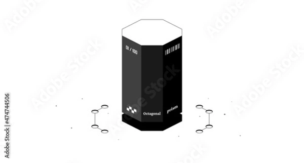 Obraz Octagonal prism mathematical figure. Black and white isometric 3d illustration isolated on white background. Vector design.