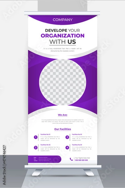 Fototapeta Creative Business Roll up banner design template, Stand roll up banner layout with unique and clean mock up for exhibition, Modern and editable X-Banner and Stand vector template.