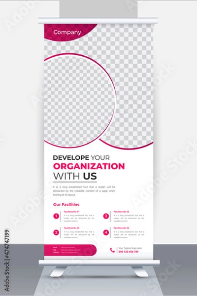 Fototapeta Creative Business Roll up banner design template, Stand roll up banner layout with unique and clean mock up for exhibition, Modern and editable X-Banner and Stand vector template.
