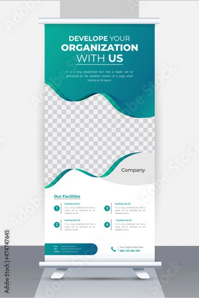 Fototapeta Creative Business Roll up banner design template, Stand roll up banner layout with unique and clean mock up for exhibition, Blue color Modern and editable X-Banner and Stand