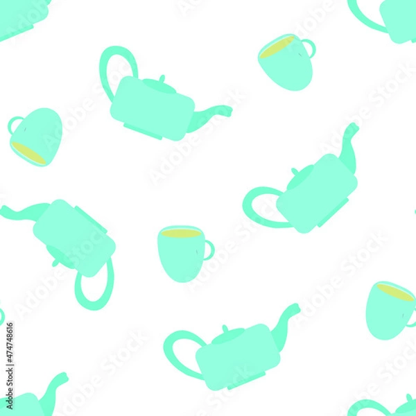 Obraz Seamless square vector pattern. Teapot and a cup of hot drink. Seamless pattern in blue shades. 