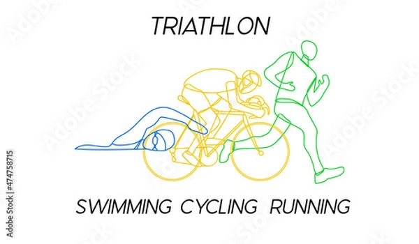 Fototapeta Triathlon. Linear hand drawn athletes. Competition in swimming, cycling and running. Vector illustration