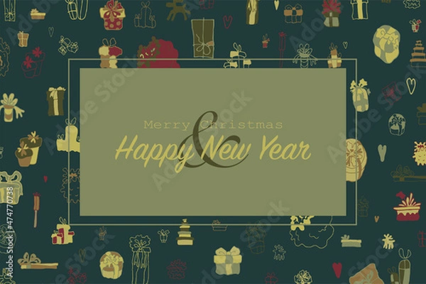Fototapeta Doodle pattern frame, presents. Background frame, Christmas gifts. New Year horisontal banner, border. Winter holidays mood. Hand drawn vintage boxes. Vector for web, frame card. Celebration, sale.