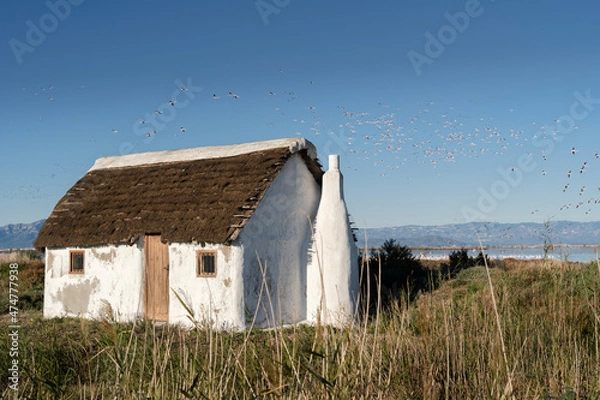 Obraz a white cottage in the rice fields.