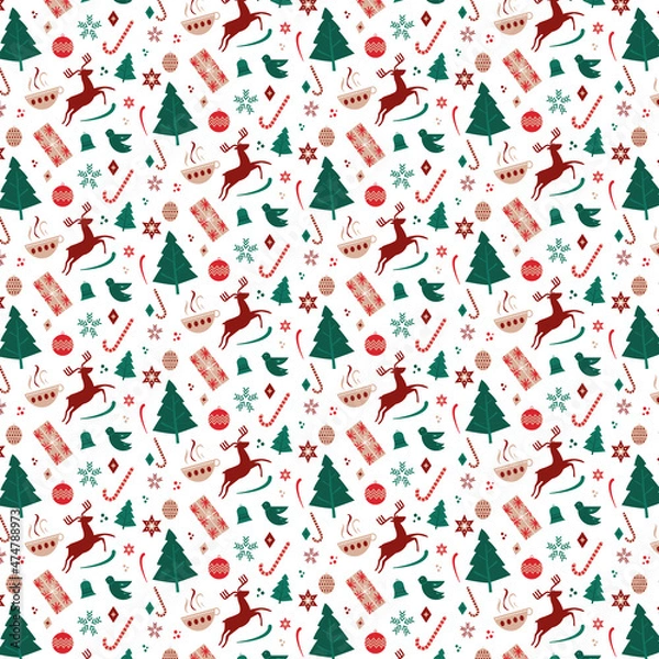 Fototapeta Festive Christmas seamless repeat raster pattern Illustration. Nordic Scandinavian theme.