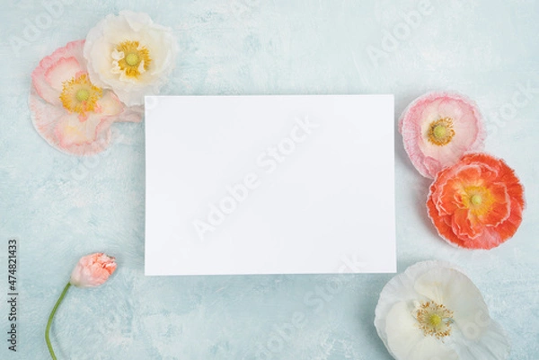 Fototapeta Beautiful bridal stationery card flat lay with fresh poppies on light blue background
