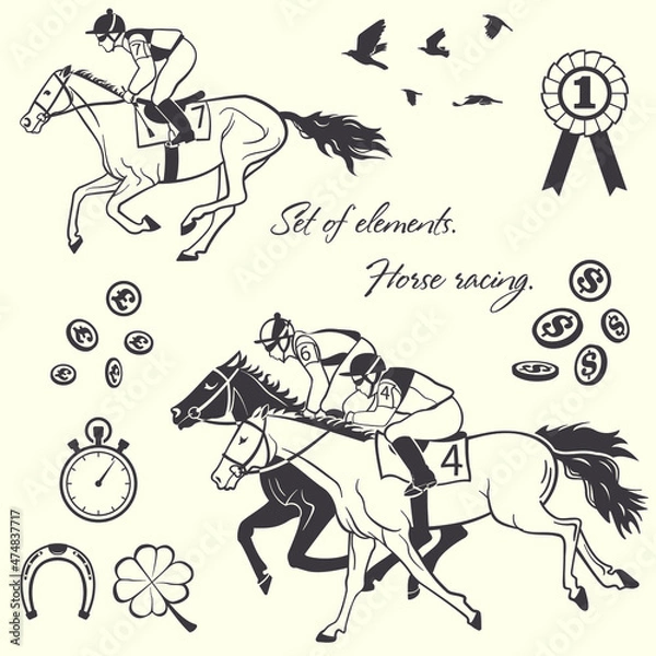 Fototapeta Set of elements. Horse racing. Horses, jockeys, stopwatch, coins, award rosette. Vector graphics.