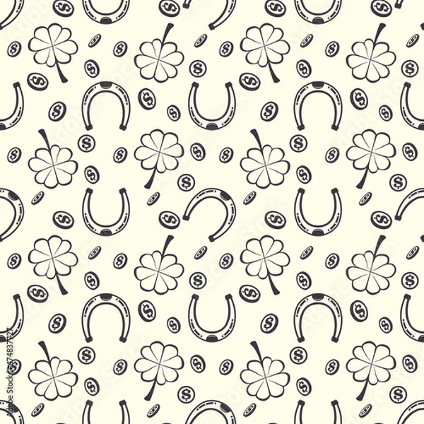 Fototapeta Vector graphics. Seamless pattern with four-leaf clover, horseshoes and coins. 