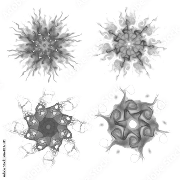Obraz Set of four black snowflakes on a white background. Abstract computer generated fractal image of a snowflake. Illustration, isolate. Use as a stamp or brush