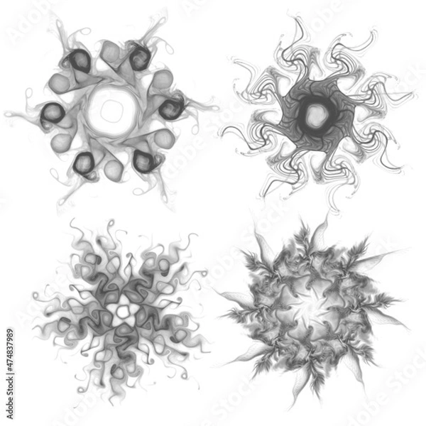 Fototapeta Set of four black snowflakes on a white background. Abstract computer generated fractal image of a snowflake. Illustration, isolate. Use as a stamp or brush