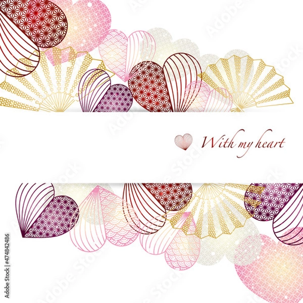 Obraz 和柄のハートと扇のイラスト背景