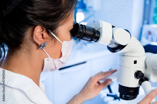Obraz A woman in a dental practice looks in special a microscope