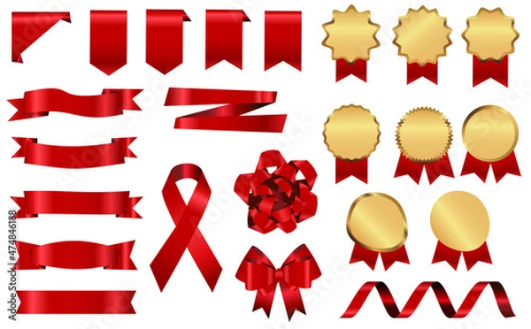 Obraz リボン メダル  赤 ゴールド イラスト セット