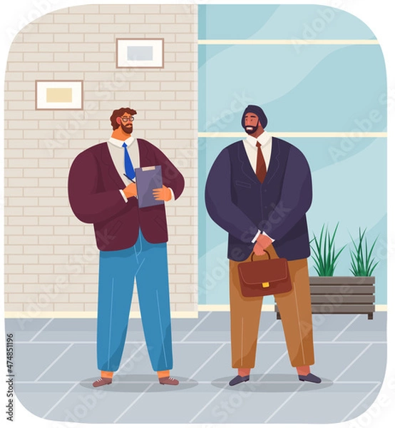 Obraz Business people conversation. Two men standing together and talking, discussing, negotiating. Business meeting, working process. Man manager consulting, talking to partner about new contract