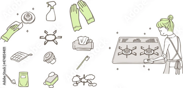 Obraz コンロを掃除する女性とコンロ掃除に関する小物