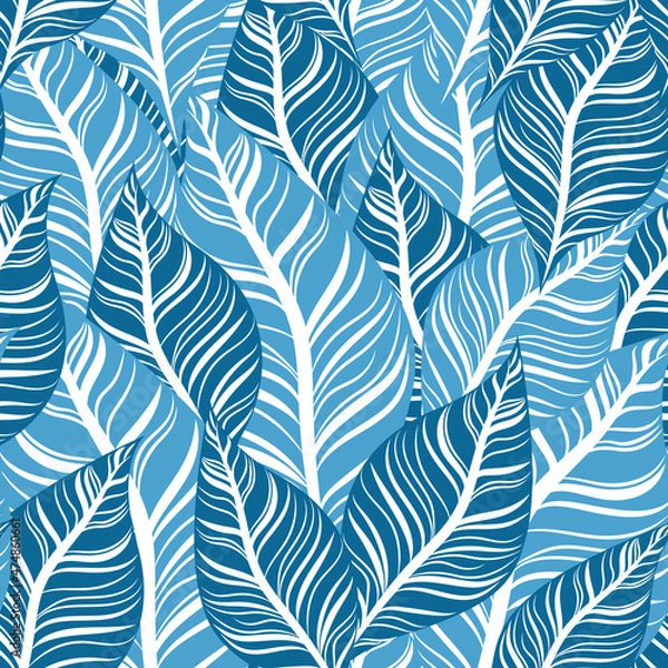 Fototapeta A pattern of blue leaves. Seamless texture with leaves. Banner for the travel and tourism industry, summer season. Blue floral design element, print for fabrics.