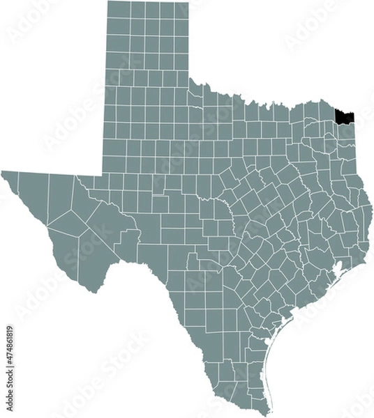 Fototapeta Black highlighted location map of the Bowie County inside gray administrative map of the Federal State of Texas, USA