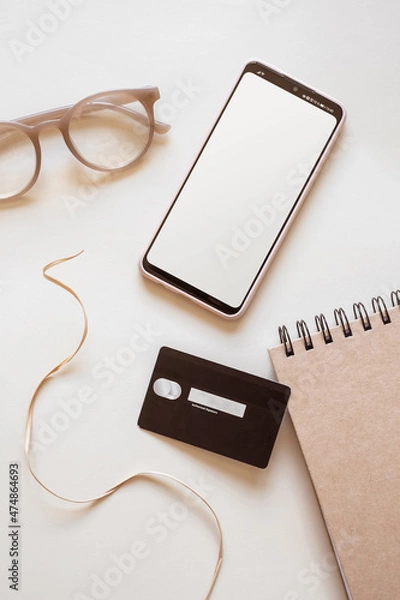 Obraz Online shopping smartphone and credit card flat lay beige background