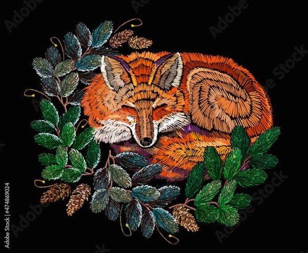 Fototapeta Winter art. Sleeping fox. Merry Clothes, textile design template. Christmas classical embroidery snow-covered branch of a fir-tree