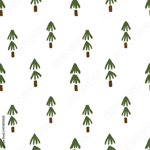 Fototapeta Simple Christmas trees on a white background in doodle style. Winter forest. Vector background pattern. Sketching style. Nice texture for wrapping paper or bedding.