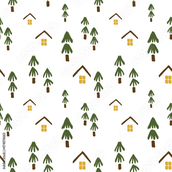 Fototapeta Winter forest with snow-covered houses. Seamless pattern with Christmas trees on a white background. Vector illustration. Doodle style background pattern.