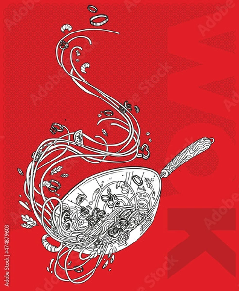 Fototapeta Wok with noodles, shrimp, octopus, pepper, herbs and onions