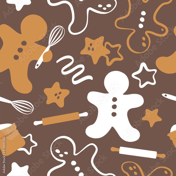 Obraz Cute gingerbread vector seamless pattern. Baking elements: flour, rolling pin, whisk, biscuits.
