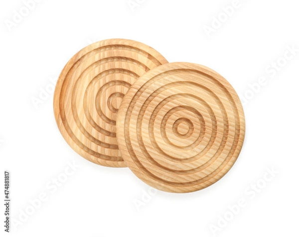 Fototapeta Wooden cup coasters on white background, top view