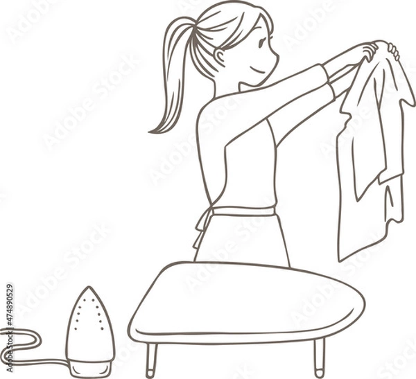 Fototapeta アイロンがけの出来栄えに満足する女性の線画