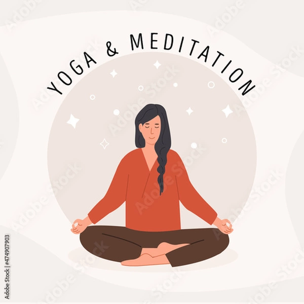 Fototapeta Square card with young woman meditating and doing yoga breathing exercise. Woman practicing Pranayama and meditation. Poster template. Flat style vector illustration. 