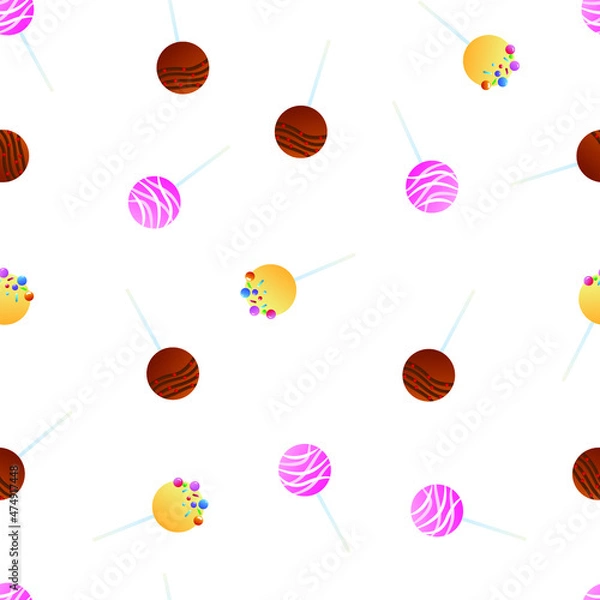 Obraz Vector graphics. seamless pattern. Wrapping paper. Background.
Bright, multi-colored. Cake on a stick. Postcard. Celebration.