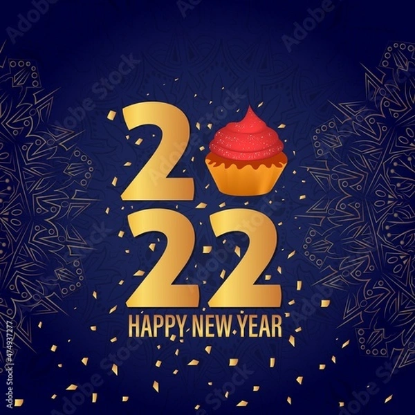 Fototapeta Happy New Year design 2022 Cup Cake and mandala background
