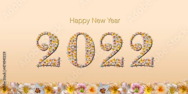 Fototapeta Bonne année 2022 - Lettres remplies de fleurs multicolores,  sur fond dégradé beige clair,  avec une frise de fleurs en bas