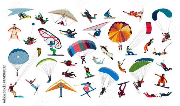 Obraz Collection of types of air sports. Characters in the air and on parachutes.