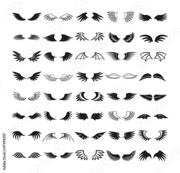 Obraz Vector set of wings icons. Illustrations for creating tattoos, logos, and prints.