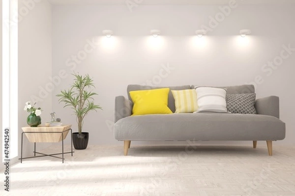 Fototapeta Modern living room in white color with sofa. Scandinavian interior design. 3D illustration